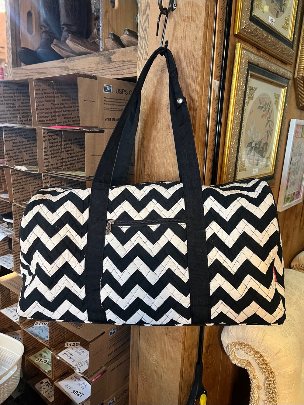 N. Gil weekend bag 20” wide X 12” high X 11” deep black and white 3205